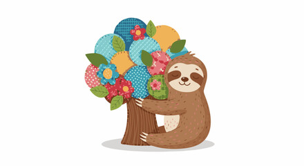 Fototapeta premium Cute cartoon sloth hugging a colorful patchwork tree with flowers and leaves