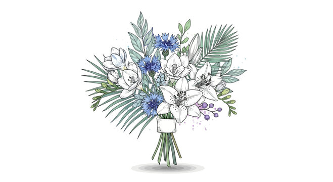 Elegant floral arrangement illustration with white lilies and blue cornflowers