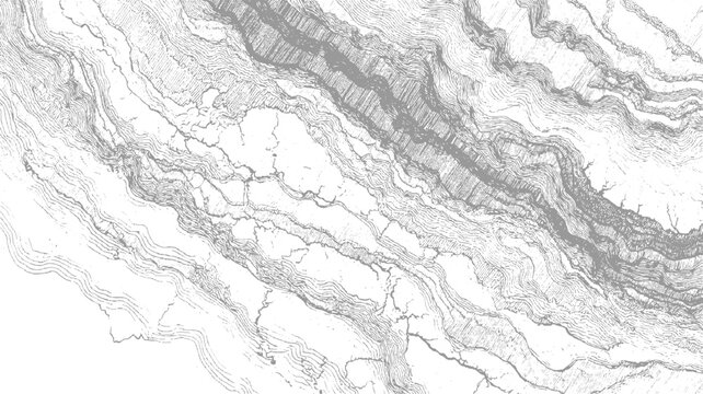 Detailed grey contour lines depicting topographical map of mountainous terrain and river valley