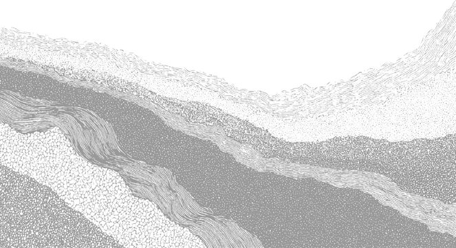 Cross section of geological strata showing layers of rock and sediment with varied textures and patterns