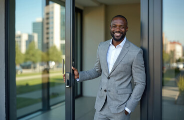 Fototapeta premium Smiling Black businessman opens modern office glass door. Man in grey suit enters building or welcomes guests. Confident professional poses outdoors near city skyscrapers.