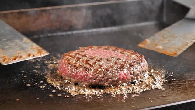 Burger patty being pressed on a hot griddle with steam 4K Video