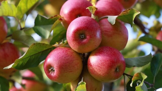Ripe Red Apples Growing on Tree in Orchard, Slow Motion