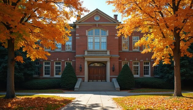 Old brick university building facade in fall. Orange maple trees frame red brick school architecture. Path with fallen leaves leads to entrance stairs and wooden doors.