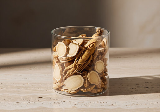 American ginseng dried root slices stored in a clear glass jar, natural traditional medicine ingredient for health and wellness, rustic aesthetic, minimalist photography