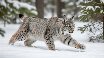 Obraz premium Animal - Eurasian Lynx Running Through Deep Snow in Winter Boreal Forest Among Snow Covered Pine Trees