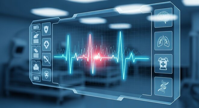 Futuristic holographic medical interface displaying vital signs and health icons with hospital beds in blurred background, advanced technology concept