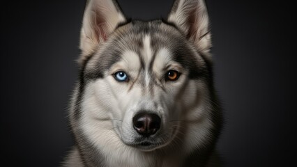 Fototapeta premium Animal - Siberian Husky Portrait with Heterochromia Blue and Amber Eyes Gray White Fur Studio Shot