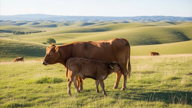Animal - Red Angus Cow Nursing Newborn Calf on Vast Green Rolling Hills Pasture in Golden Sunlight