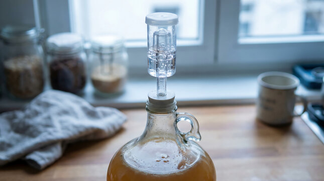 Close-up of a glass carboy with an airlock attached for fermentation in a homebrewing setup