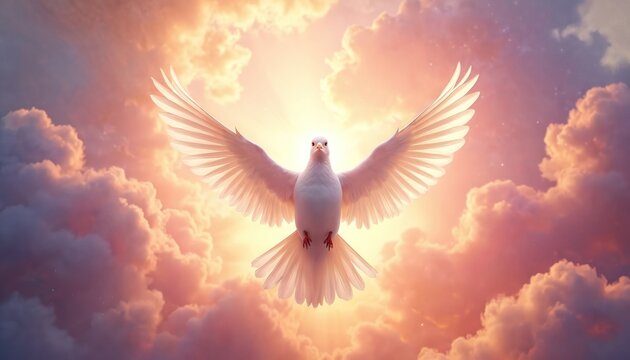 White dove bird flies in sky with open wings amidst clouds. Sun shines through sky creating soft glow. Symbolizes peace hope and spirituality. Graceful flight in clouds.