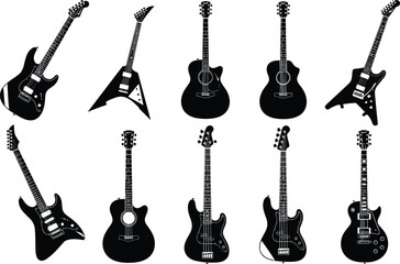Naklejka premium Guitar silhouettes collection featuring electric and acoustic instruments, black vector illustration isolated for music design, rock band branding, and musical equipment graphics