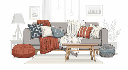 Cozy living room scene with a sofa, cushions, throws, and coffee table