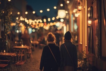 Fototapeta premium Two people walk along a warm lantern lit street at night.