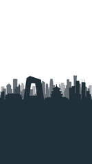 Obraz premium Silhouette of Beijing's iconic skyline featuring the CCTV Headquarters and traditional Chinese architecture against a white background.