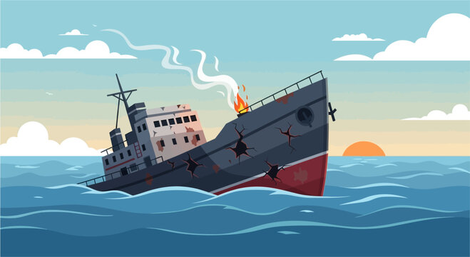 A damaged ship with smoke and fire sinking in the ocean at sunset, illustrating a maritime disaster.