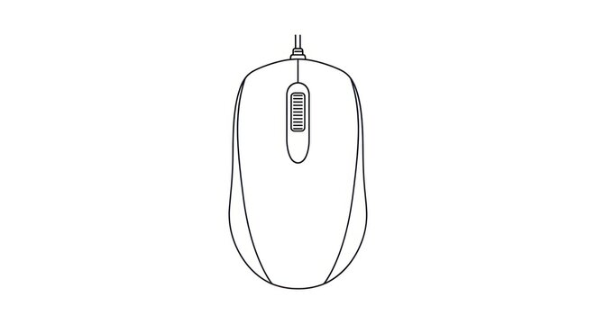 Simple line art illustration of a computer mouse, technology, gadget, computer accessory, and input device. Clean design on white background.
