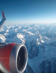 Fototapeta premium Airplane engine and wing fly over snowy Alps mountains. Clear blue sky above vast mountain range. Aerial view of snow-capped peaks during winter.