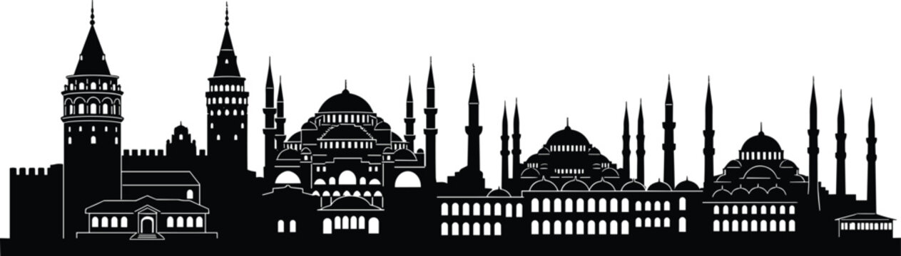 Istanbul historic skyline silhouette featuring Hagia Sophia, Blue Mosque and Ottoman architecture with domes and minarets forming iconic Turkey cityscape isolated background