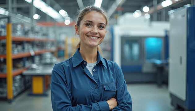 Smiling female engineer stands arms crossed inside modern factory. She wears blue shirt near CNC machine. Industrial production site with metal parts and equipment. Pro woman at work.
