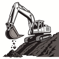 Excavator digging into a pile of dirt on a construction site with a large scoop © eee