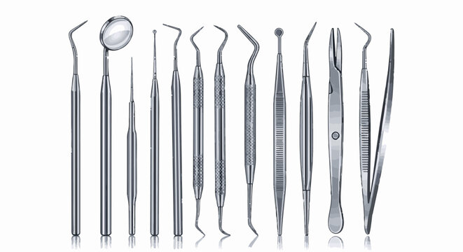 Collection of metal dental instruments arranged in a row