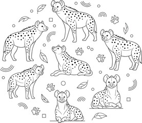 Obraz premium Hand Drawn Hyena Outline Collection Featuring Wildlife Animal Characters in Different Poses for Coloring Book, Safari Theme, Nature Illustration, and Vector Design Set.