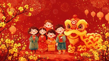 Fototapeta premium Chinese traditional lunar new year Spring Festival celebration in Asia. A vibrant Chinese New Year celebration with children in traditional Chinese clothing, a lion dance.