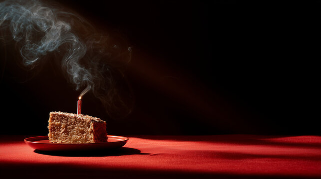 photograph of a minimalistic piece of cake with a candle on a red tablecloth, against a dark background, with smoke around it. Made with AI