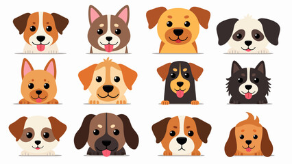Naklejka premium Collection of cute cartoon dog faces featuring various breeds for pet shop logos veterinary clinic graphics and playful animal design elements.