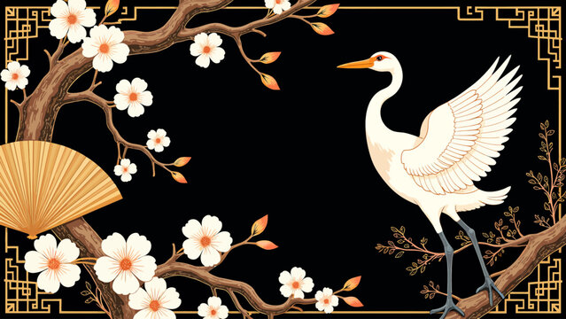 Elegant seamless geometric tile pattern in black and gold featuring stylized cranes for luxury vintage wallpapers and sophisticated interior decor.