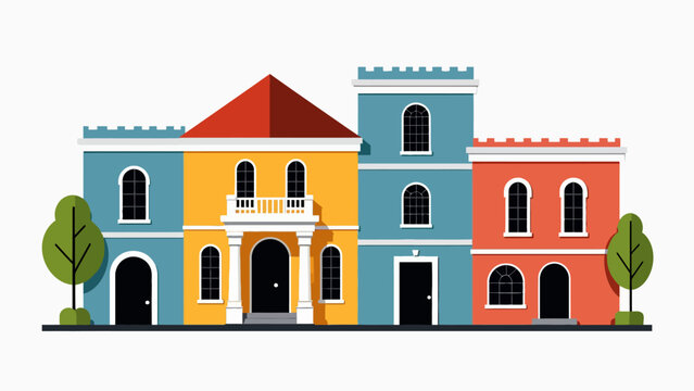 Flat vector illustration of a charming colorful city street featuring residential houses and small shops for urban community design and neighborhood concepts.