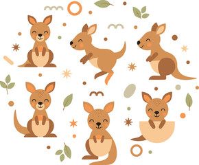 Obraz premium Cute Cartoon Kangaroo Set Featuring Adorable Wildlife Characters with Leaves and Decorative Elements for Kids Nursery and Nature Design Projects.