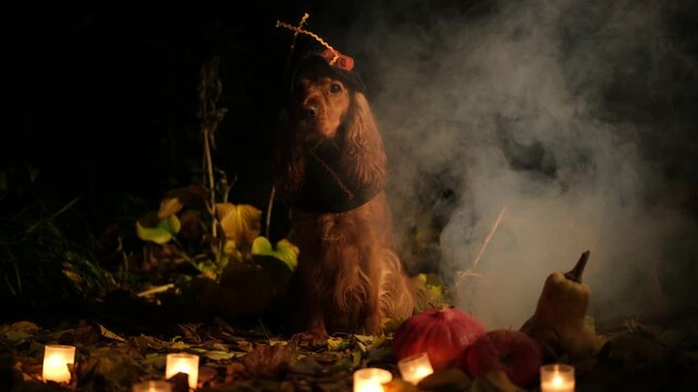 Cute english cocker spaniel wearing a witch hat sits among pumpkins, autumn leaves, and candles in a dark, foggy forest at night, creating a spooky and magical halloween atmosphere