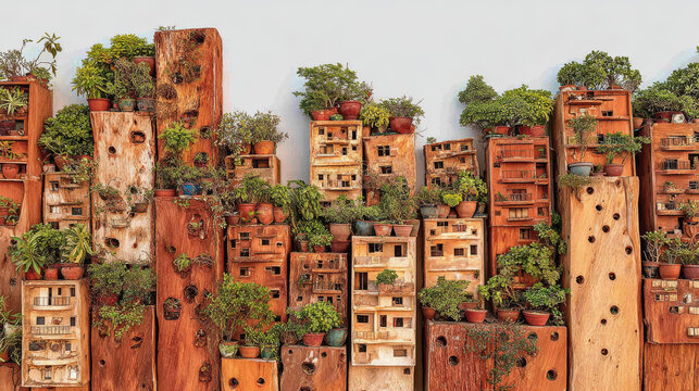 Miniature Urban Jungle with Handcrafted Wooden Buildings and Lush Potted Plants