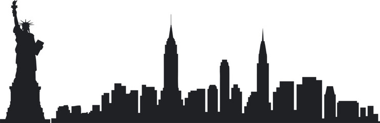 Obraz premium Silhouette of New York City skyline with Statue of Liberty, iconic urban landmarks panorama isolated cityscape illustration USA travel concept