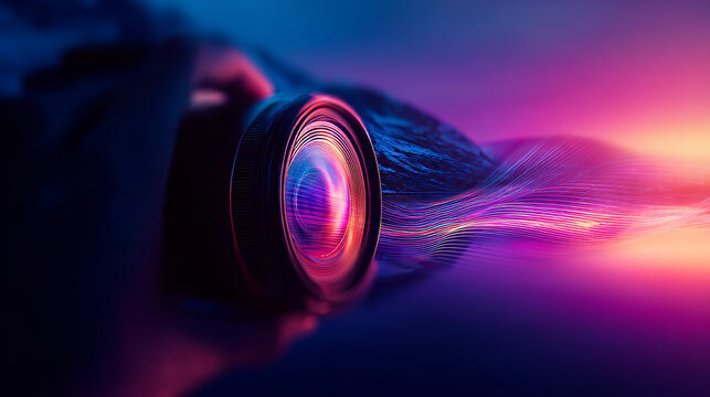 Futuristic Digital Camera Lens with Glowing Light Trails and Abstract Energy