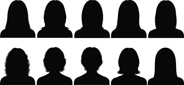 Set of female head silhouettes with various hairstyles including long, short and curly hair isolated on white background, women avatar collection, beauty and fashion concept