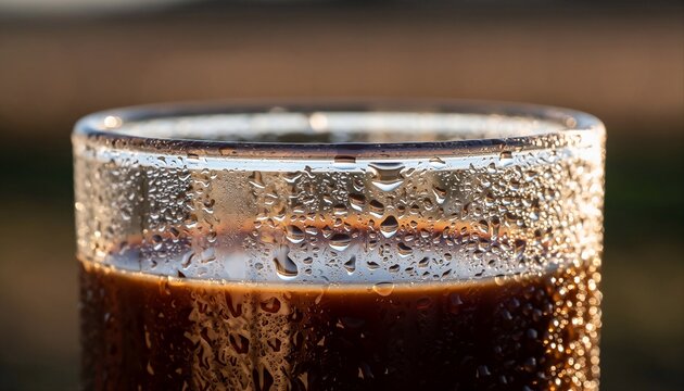 Close Up of a Glass of Dark Coffee with Condensation Droplets Reflecting Golden Hour Sunlight Outdoors