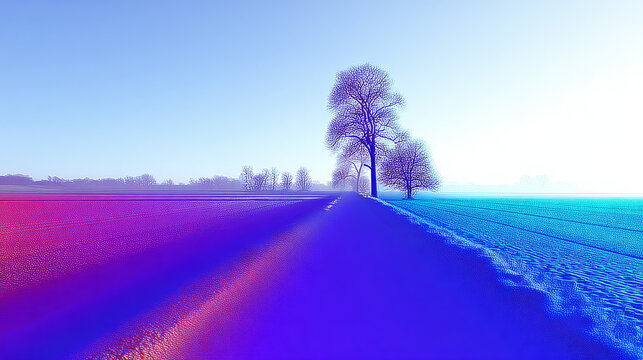 Surreal Digital Landscape with Neon Road and Trees