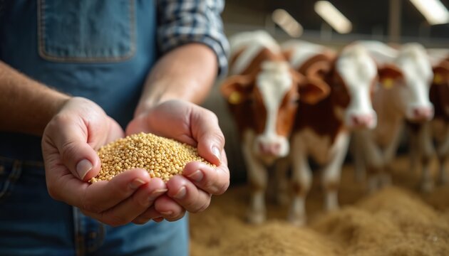 Farmer holds feed grains in hands before dairy cows in barn. He represents livestock farming, animal husbandry and organic food production. He is caring for his cattle herd.