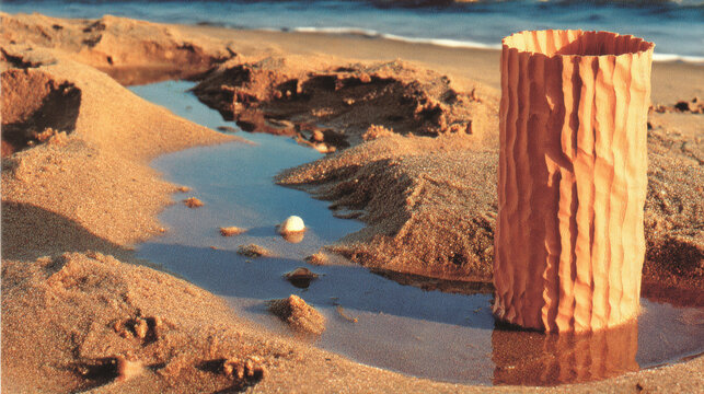 Abstract corrugated cylinder on a sandy beach during golden hour