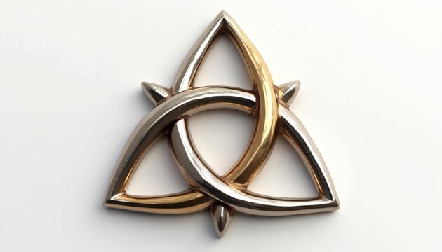 Gold and silver triquetra knot symbol representing trinity and eternal love. Sacred geometry design with intertwined loops. Spiritual icon isolated on white.