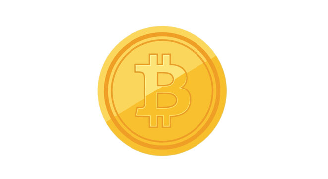 Isolated vector graphic of a shiny, golden Bitcoin cryptocurrency coin with a minimalist, flat design style. The coin is centered and set against a clean white background. Perfect for financ