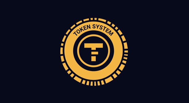 Minimalist digital token system icon with gold details on dark navy blue background, modern design for finance, cryptocurrency, and blockchain technology related concepts