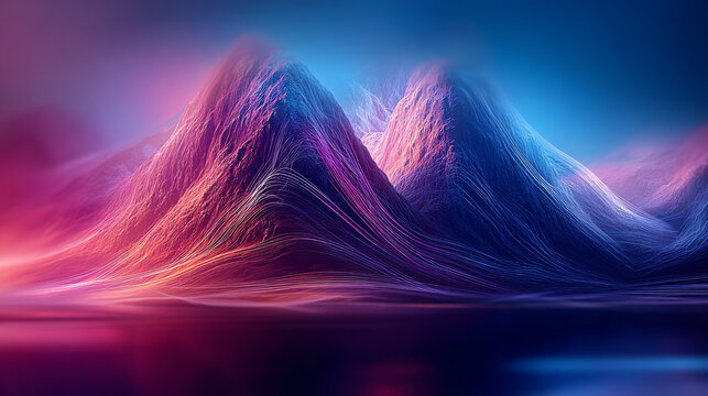Abstract Futuristic Landscape with Glowing Fiber Optic Mountains in Neon Colors