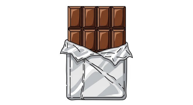 Illustration of a delicious milk chocolate bar in a silver foil wrapper, sweet treat dessert food.