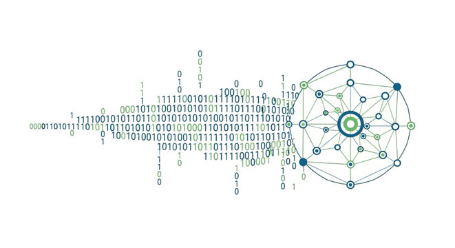 Digital network connection visualized with binary code stream transforming into geometric data structure on white background abstract concept