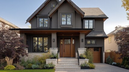 Fototapeta premium Stunning Two-Story Home Exterior with Modern Architecture, Professional Landscaping, and Welcoming Front Porch, Perfect for Real Estate and Design