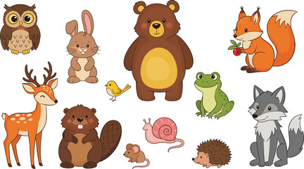 Fototapeta premium Cute forest animals collection with bear, fox, deer, owl, rabbit, frog and more, colorful cartoon vector illustration for children books and nursery designs